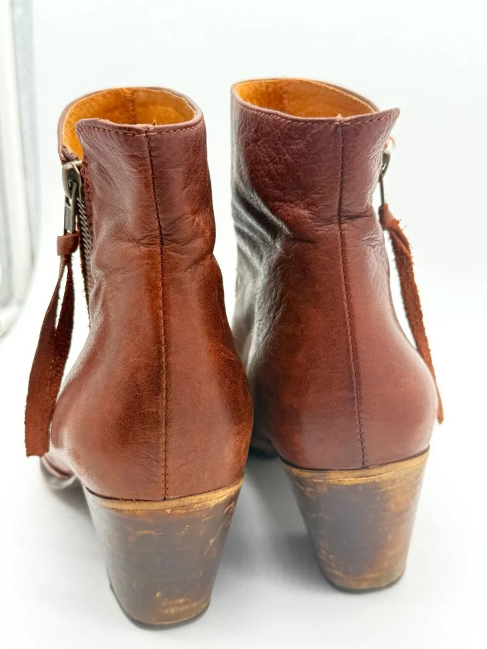 Women's Brown Leather Ankle Boots Block Heel Moto Boho Quiet Luxury w10 3964